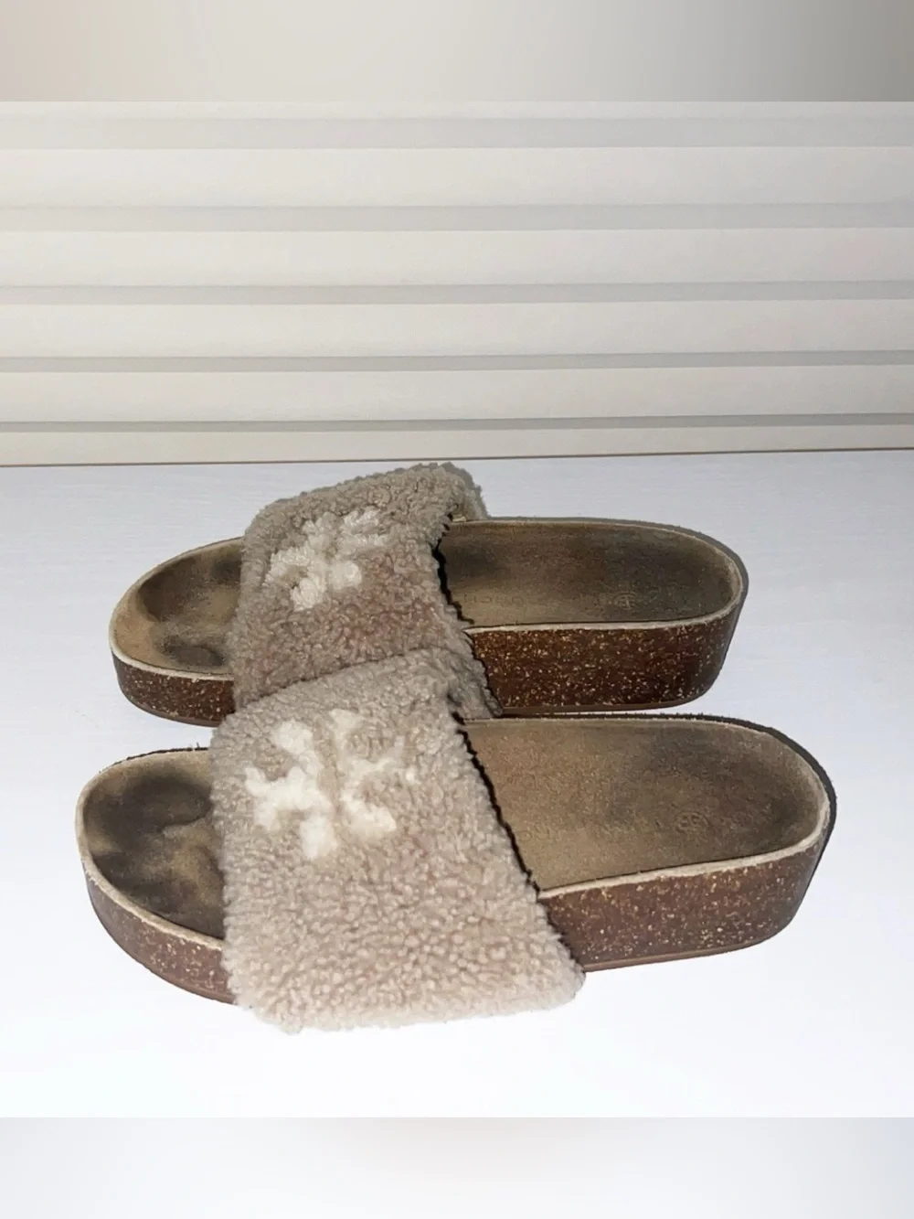 Tory Burch Beige Shearling Platform Slide Sandals